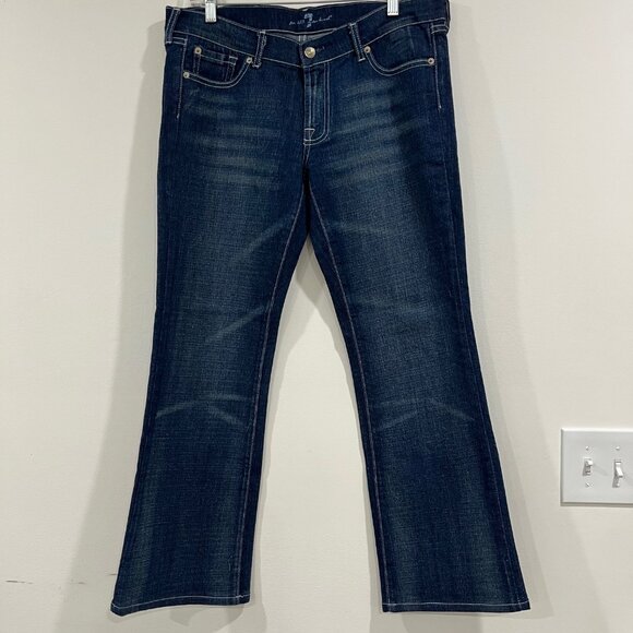 7 FOR ALL MANKIND Y2K Low Rise Embroidered Skull Pocket Boot Cut Jeans Sz 30 EUC - Picture 2 of 12